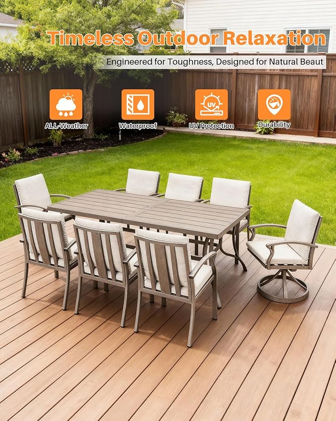 Patio Dining Table for 8, Aluminum Outdoor Dining Table with Umbrella Hole, 84" x 38.6" Rectangular Patio Table for Outside, Outdoor Patio Table for Deck, Garden Poolside, Limed Oak