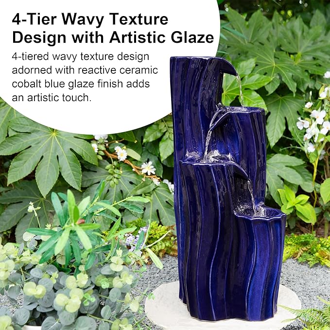 Glitzhome 30" Tall Outdoor Water Fountain with LED Light, Pump & Adapter, 4-Tier Cobalt Blue Wavy Texture Ceramic Cascading Garden Fountains Waterfalls for Porch Deck Patio Backyard