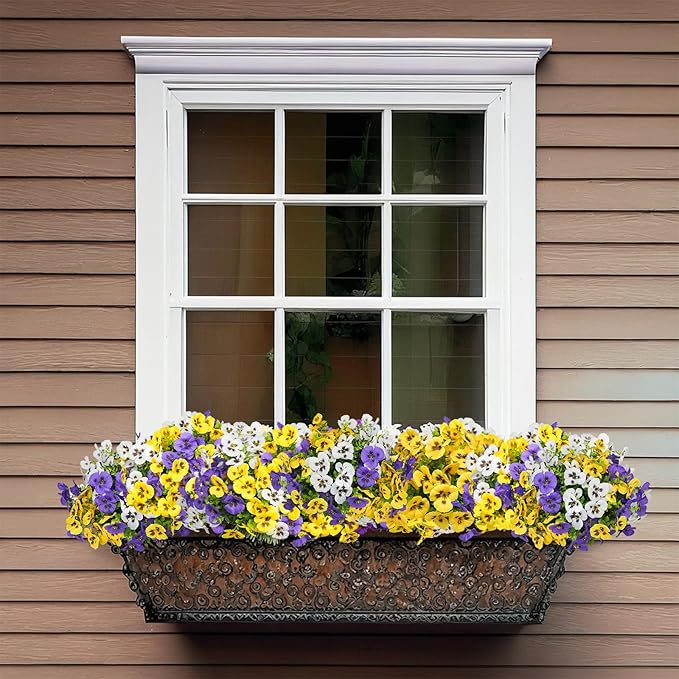 SupBri Artificial Flowers for Outdoor, UV Resistant Silk Fake Pansy Flowers, 12 Bundles Artificial Plants for Outdoor Planters Home Garden Office Patio Front (Yellow,Purple,White)