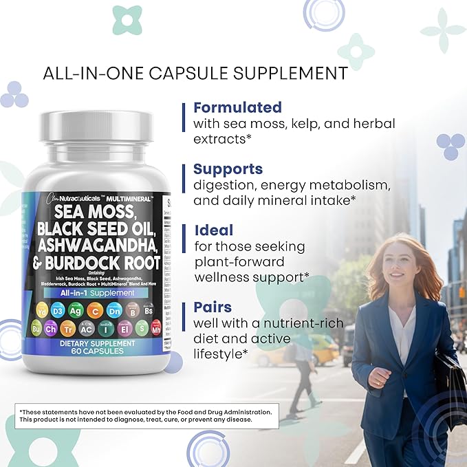 Clean Nutraceuticals Sea Moss Black Seed Oil Ashwagandha Turmeric Bladderwrack Burdock & Vitamin C Vitamin D3 with Elderberry Manuka Dandelion Yellow Dock Iodine Chlorophyll ACV