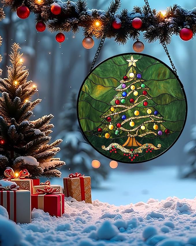 Stained Glass Window Hanging - Green Christmas Tree with Colorful Lights Suncatcher for Doors Home Christmas Decoration Sun Catcher Thanksgiving New Year Birthday Gifts for Women Men Mom Nana 6.3 in