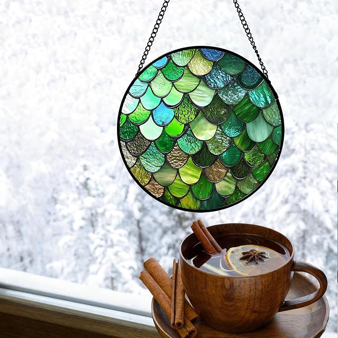 QZQCBLC Stained Glass Window Hanging Green Abstract Texture 7.8" - Marine Suncatcher Door Garden Sun Catcher Home Decor Birthday Christmas for Mom Men Woman Wife Friend