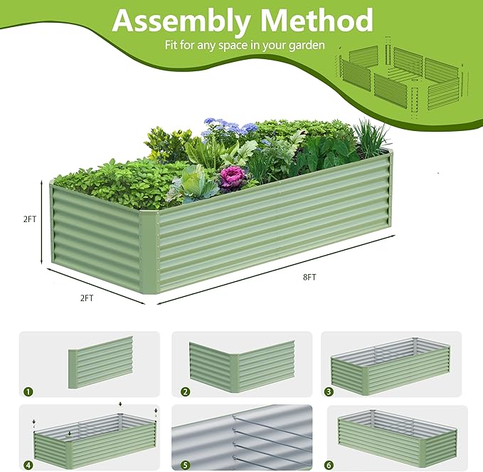 8x2x2FT Galvanized Raised Garden Bed Kit, Galvanized Planter Raised Garden Boxes Outdoor, Large Metal Raised Garden Beds for Vegetables-Green