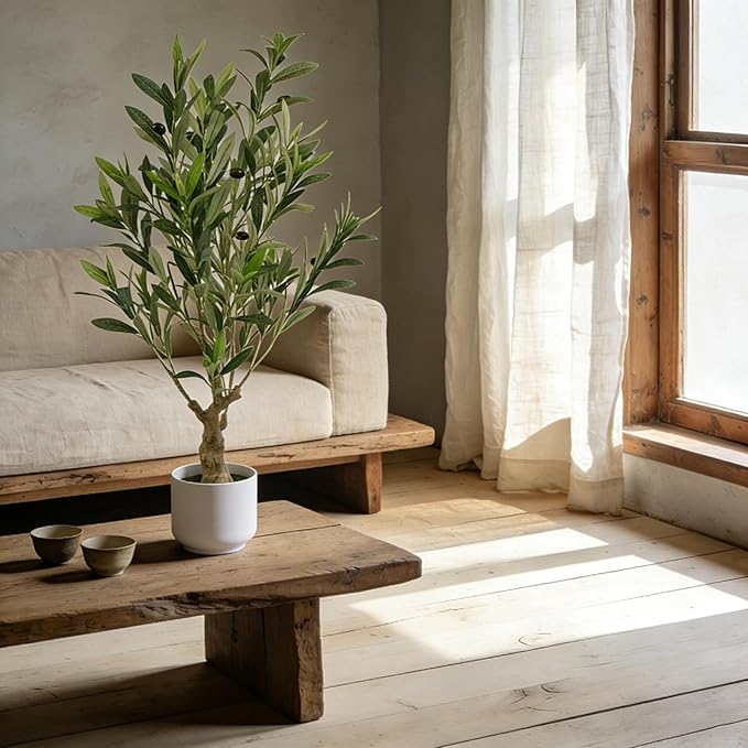 Abyjifar 34" Fake Olive Tree with Pot Indoor, Small Artificial Olive Branches Stems Potted Greenery Faux Green Plants in Pot for Tabletop Desk Office Bedroom Bathroom Kitchen Living Room Home Decor