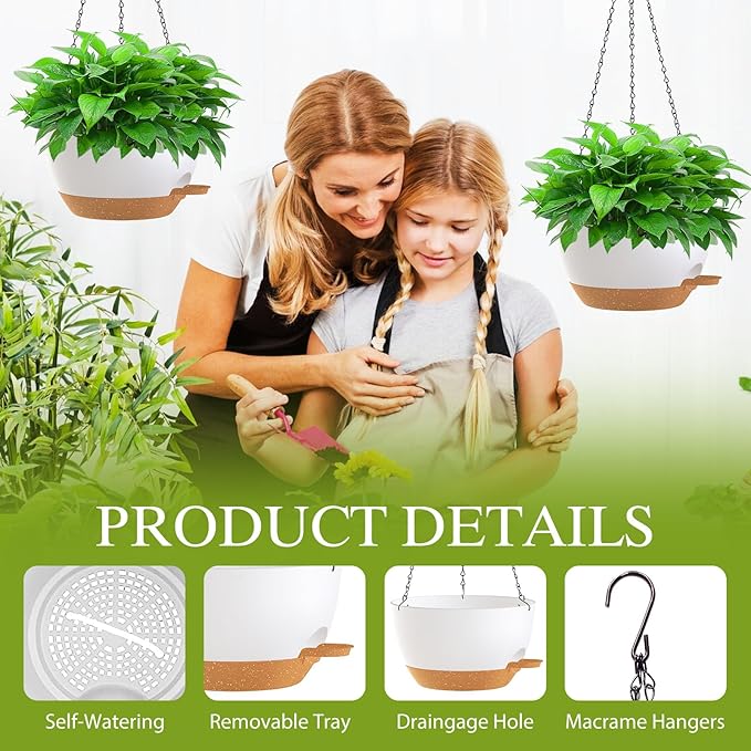 SQKH 12 Inch Hanging Baskets 2 PC with Chains, Self-Watering Hanging Planters for Indoor Outdoor Plants, Plastic Hanging Flower Pots,White Brown