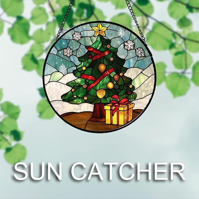 DASTOLL Stained Glass Window Hanging Green Christmas Tree Snowflake 9.8" - Suncatcher Door Garden Sun Catcher Xmas Holiday Decor Birthday for Mom Men Woman Friend Nana