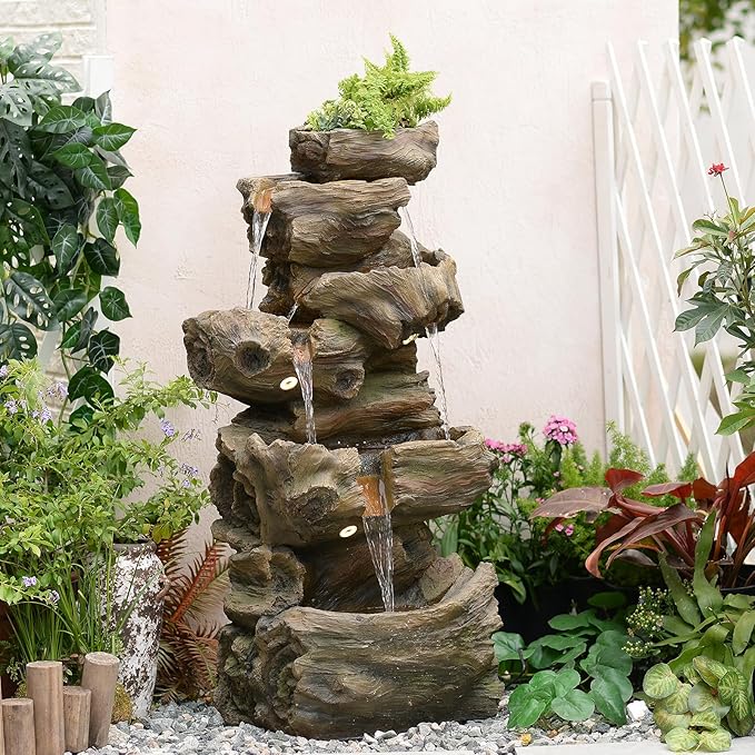 40.6" H Wood-Like Water Fountain Indoor & Outdoor, 5-Tier Natural Cascading Waterfall with LED Light for Patio, Porch, Garden, Home Decor, Medium Wood