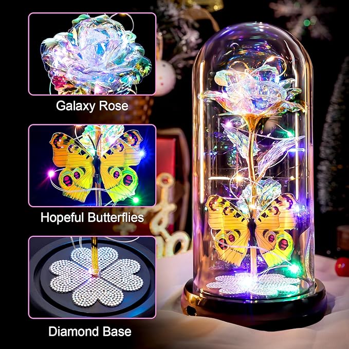 Pusuny Valentines Day Rose Gifts for Her Birthday Gift for Women, Rechargeable Galaxy Glass Rose in Glass Dome Colorful Crystal Flower Butterfly Valentine Gifts for Women Daughter Mom Wife Girlfriend