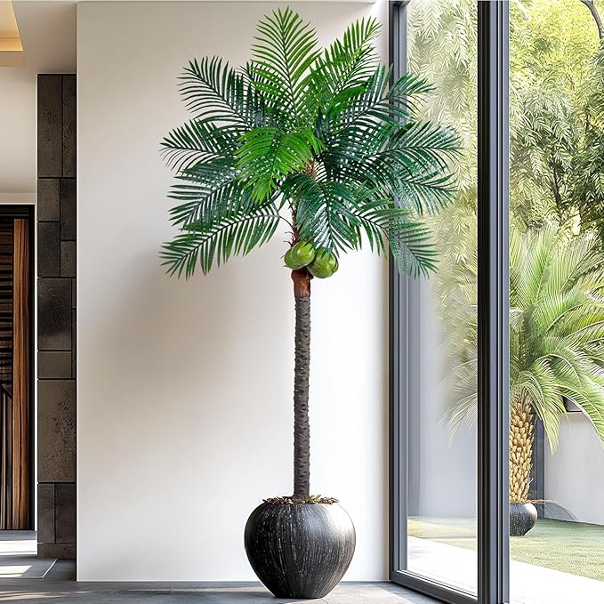Erimda 30-Year Factory Faux Coconut Tree - 8.2FT Faux Palm Tree Realistic Thick Trunk & Heavy Duty Leaves, Hand-Carved Bark Texture, Indoor Tropical Decor for Living Room/Store, No Shiny Plastic Look