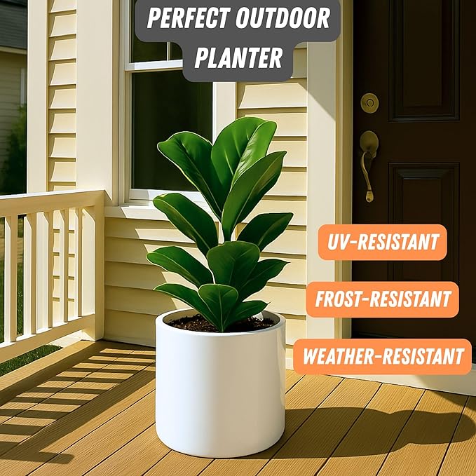 Fox & Fern 10 Inch Plant Pot with Drainage Plug — Premium Lightweight Fiberstone Glossy White Planter - Indoor & Outdoor Planter - 10 Inch Pots for Plants - Weather Resistant & UV Resistant