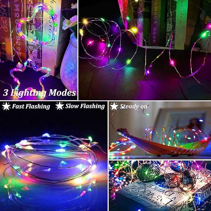 AIKEI 12 Pack Led Fairy Lights Battery Operated String Lights Waterproof Silver Wire 7 Feet 20 Led Firefly Starry Moon Lights for DIY Wedding Party Bedroom Patio Christmas Rainbow Color