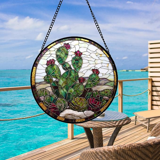 Stained Glass Window Hanging,Green Cactus Purple Flowers Suncatcher Diamond Glass Panel Sun Catchers Decor for Birthday for Women, Men, Wife, Aunt, and Mom 14.9x14.9 in
