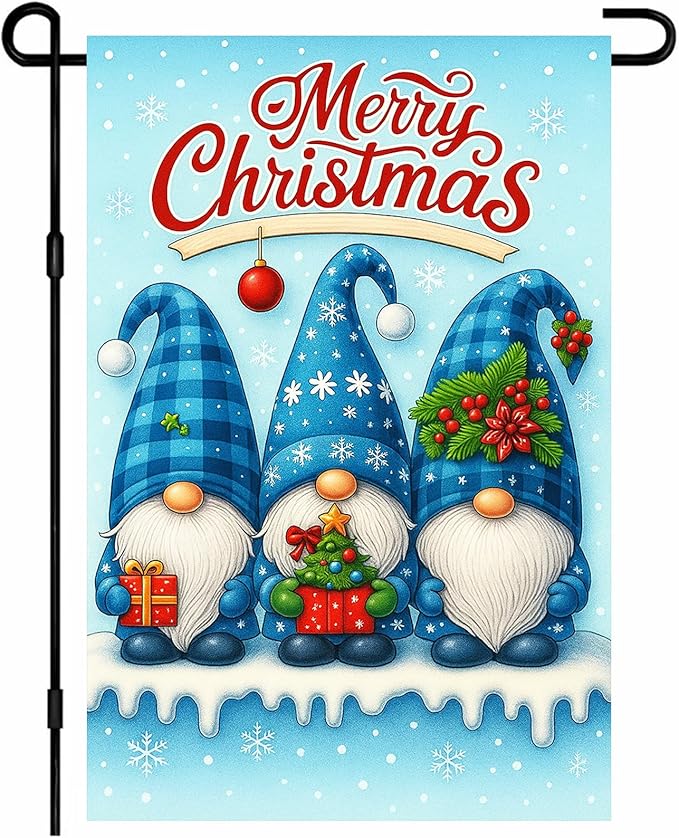 IVN Christmas Garden Flag 12x18 Inch Double Sided Blue Gnomes with Gifts and Snowflakes Outdoor Yard Flag for Outside Home Front Door Lawn Porch Patio Welcome Decor