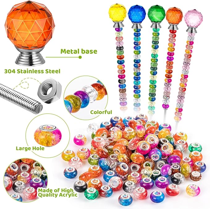 230 Pcs Beaded Garden Stakes, DIY Fairy Wand Garden Stake Beads Kits with 200 Colorful Assortment Round Large Hole Beads with 10 Round Stopper Top, 10 Threaded Rod and 10 Nuts for Outdoor Decoration