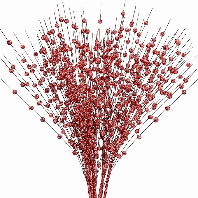 Artificial Glitter Berry Stems Decorations 17 Inch, Fake Berries Bead Sticks Pick for Halloween Christmas Ornaments Berries Stem Xmas Tree Picks Wreath Vase Filler Home DIY Decor - Red 10 Pack