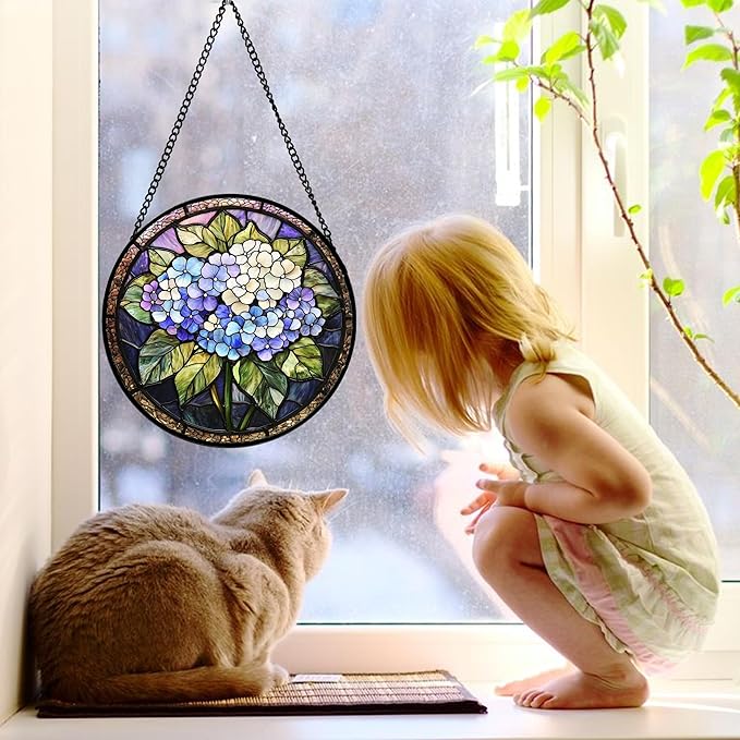 DASTOLL Stained Glass Window Hanging, Hydrangea Flowers Sun Catchers Diamond Glass Panel Hangings Plant Suncatcher Decor for Birthday for Women, Men, Wife, Aunt, and Mom 7.8 in