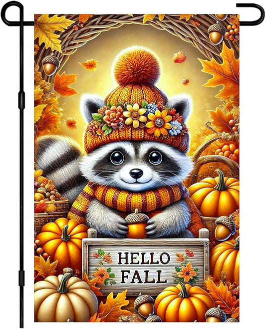 Hello Fall Garden Flag Cute Raccoon Autumn Hat Pumpkins Acorns 12x18 Inch Double Sided Outdoor Banner For Front Yard Porch Lawn Patio Thanksgiving Flag Seasonal Home Decor