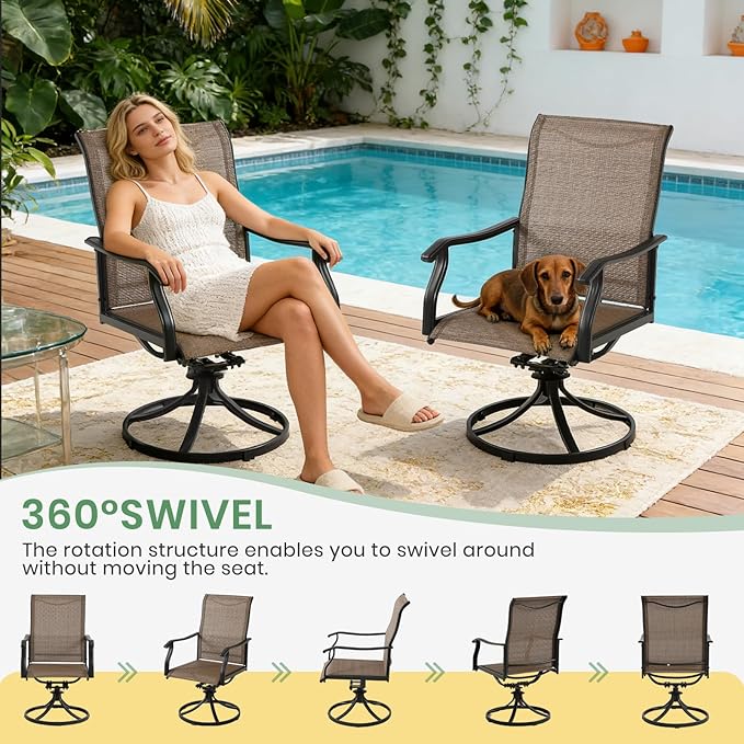 LVUYOYO Patio Swivel Chairs Set of 4, Outdoor Dining Chairs with High Back, All-Weather Rocker Chair with Textilene & Metal Frame for Lawn, Garden, Porch, Backyard (Brown)