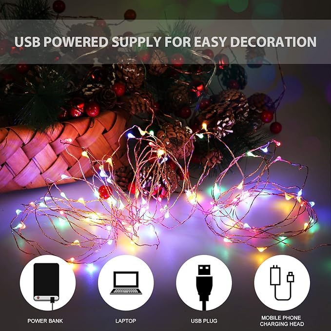 USB Powered String Light, 1 Pack USB Plug in Copper Wire Fairy Lights for Indoor, Bedroom Festival Christmas Wedding Party Patio Decorative Window with USB Interface (33ft./10M,Multi Color)