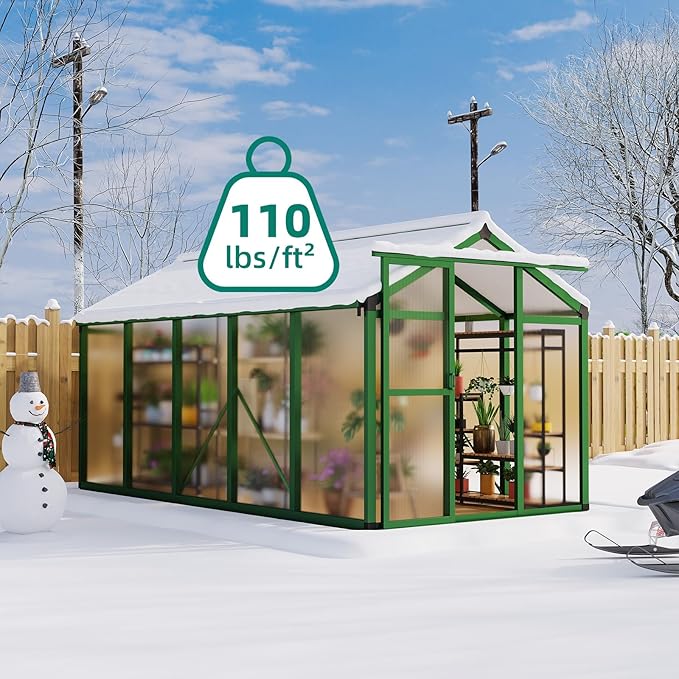 6x10 FT Greenhouse - Large Aluminum Greenhouses for Outdoors, Heavy Duty Polycarbonate Greenhouse with Roof Vent&Ground Nails, Walk-in Green Houses for Garden, Backyard, Patio, Easy Assembly