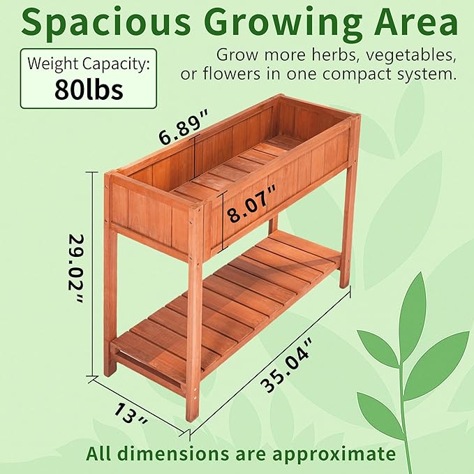 Premium Fir Wooden Raised Garden Bed with Four Legs for Backyard and Balcony Gardening,Suitable for Indoor and Outdoor use,Bottom with Storage Rack,35.04''×13''×29.92''
