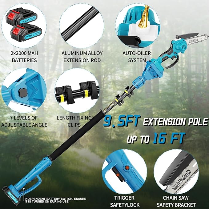 2-in-1 Cordless Pole Saw＆6 Inch Mini Chainsaw,with Extension Pole,Adjustable 180° Cutting Angle with 2 Battery, Auto-oil,Pole Saws for Tree Trimming,Ideal Gifts for Men Dad