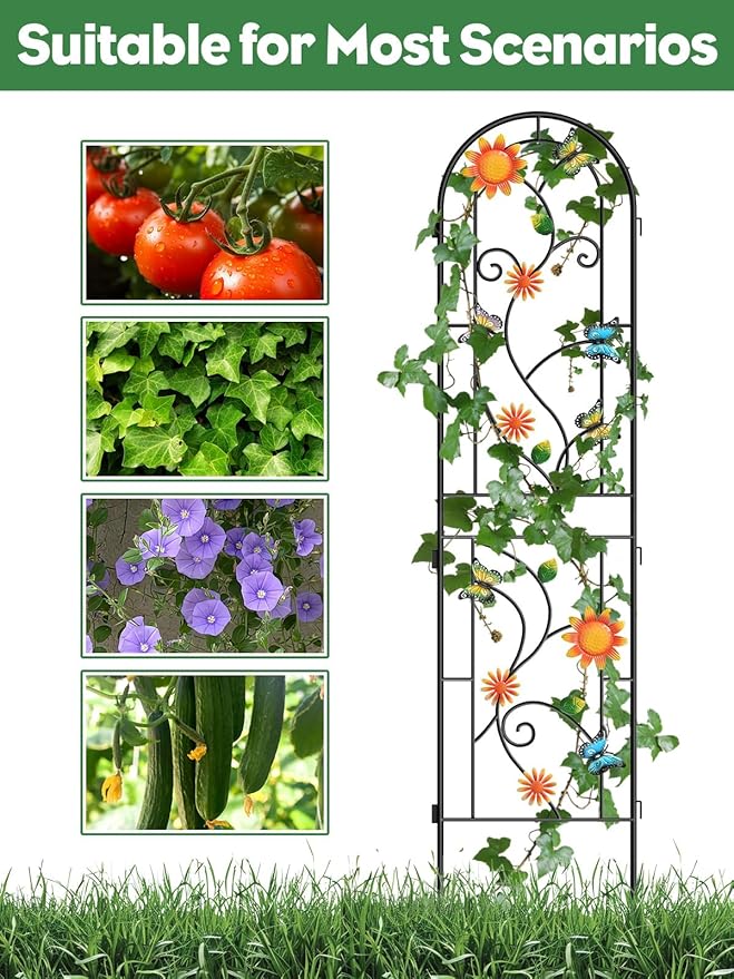 87 Inch Metal Garden Trellis for Climbing Plants, Kalolary 4 Pack Colorful Butterfly Plant Trellis Support Decoration Arched Fence Trellis Outdoor for Patio Lawn Garden Yard Backyard Wall
