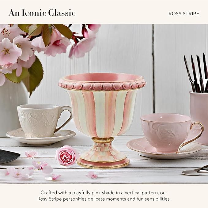 MACKENZIE-CHILDS Pedestal Tabletop Urn, Decorative Centerpiece for Table, Mantel, or Shelf, Small, Pink-and-White Rosy Stripe