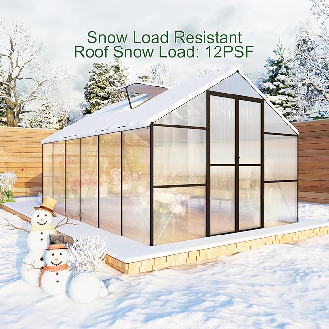 8X12 FT Polycarbonate Greenhouse, 6 FT Height Large Walk in Greenhouse with Roof Vent and Rain Gutter, Large Heavy Duty Aluminum Greenhouses with Swing Lockable Door for Outdoor, Black