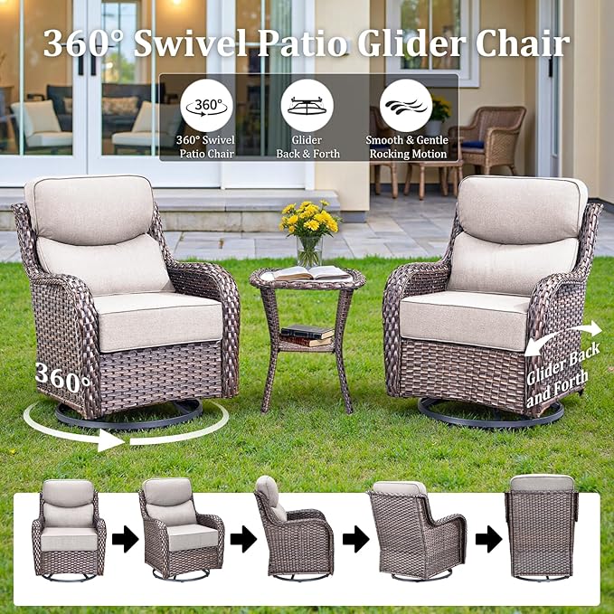 Luxury High Back Patio Furniture Set with Fire Pit Table, 4-Pieces Outdoor Furniture with 6" Thick Cushions Swivel Chairs, Wicker Conversation Set for Porch, Balcony, Deck and Yard, Brown/Beige