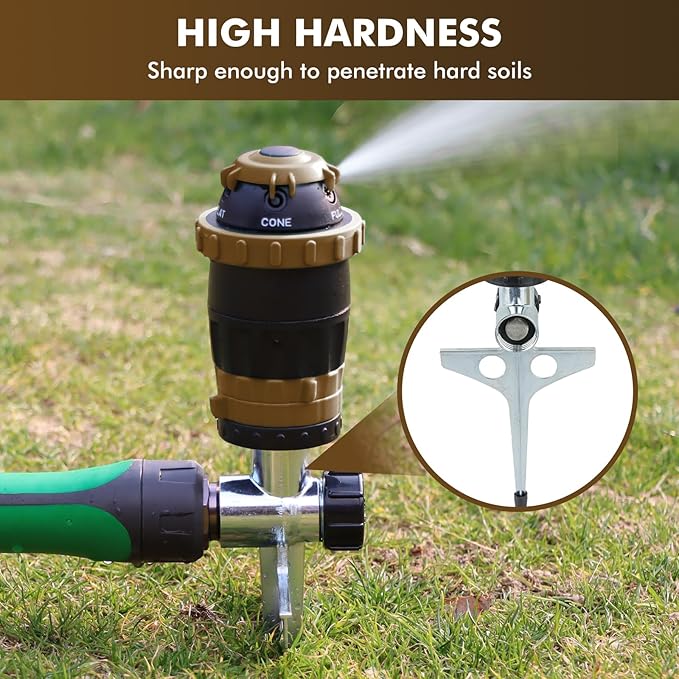 RESTMO Gear Drive Sprinkler with Metal Spike Base, 5-Pattern Heavy Duty Gardening Watering System, Multi-Adjustable Lawn Sprinkle for Garden Plant, Flower Bed and Large Yard Area Watering, Brown