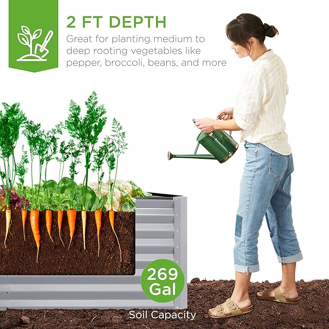 Best Choice Products 6x3x2ft Outdoor Metal Raised Garden Bed, Deep Root Box Planter for Vegetables, Flowers, Herbs, and Succulents w/ 269 Gallon Capacity - Moonlight Gray