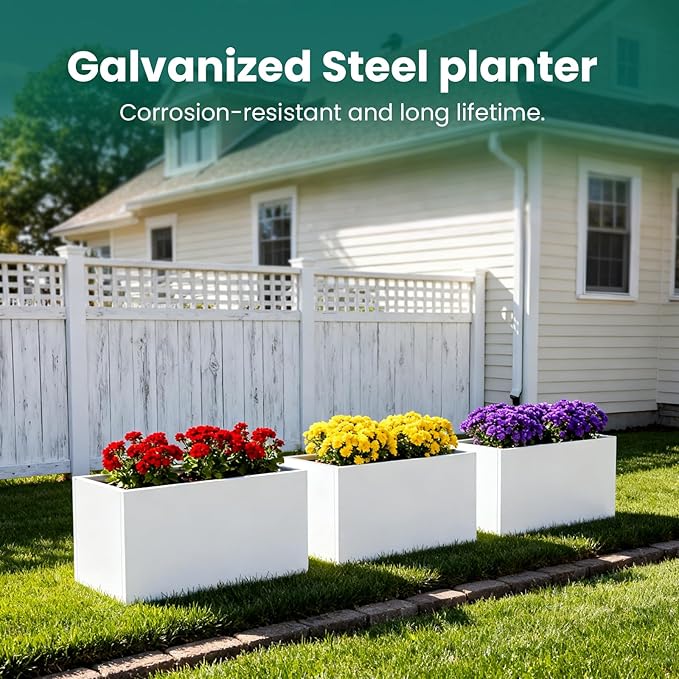 GZGNEEVL White Steel Rectangular Planter Metal Outdoor Indoor Planter Box 31.5" L x 16" W x 16" H Galvanized Steel Large Rectangle Planters Modern Commercial Residential for Trees Patio Yard Garden