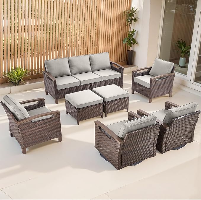 Rilyson Wicker Outdoor Patio Furniture Set - 7 Piece Patio Conversation Sets with Swivel Rocker Chairs, Chairs, Ottomans and Sofa, Thick Cushions, Waterproof Wicker, for Porch Deck Brown/Beige