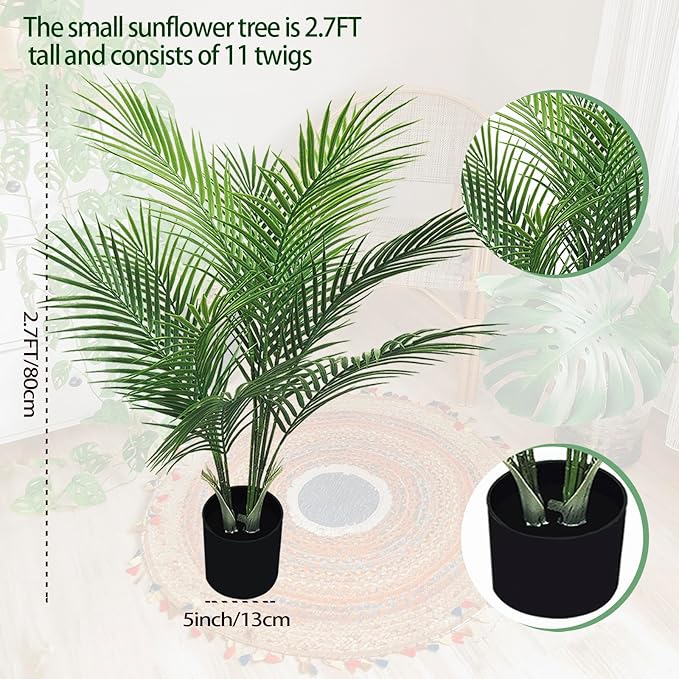 Artificial Palm Plant 2.7FT Fake Palm Tree with 12 Trunks Perfect 32 inch Faux Tropical Palm Plants in Pot for Indoor Outdoor House Home Office Garden Modern Decor Housewarming Gift (2Pack)