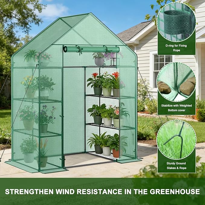 Grezone Walk-in Greenhouse Upgraded Green House with Thicken PE Cover, 3 Tiers 8 Shelves for Outdoors，Heavy Duty Plastic Plant Warm House with Reinforced Frame (56x28x77 in)
