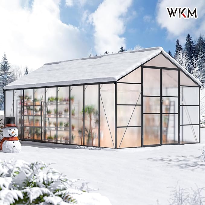 WKM 10x18 FT Greenhouse for Outdoors, Walk-in Polycarbonate Greenhouse with Quick Setup Structure and Roof Vent, Heavy Duty Green House for Outside Garden Backyard, Black