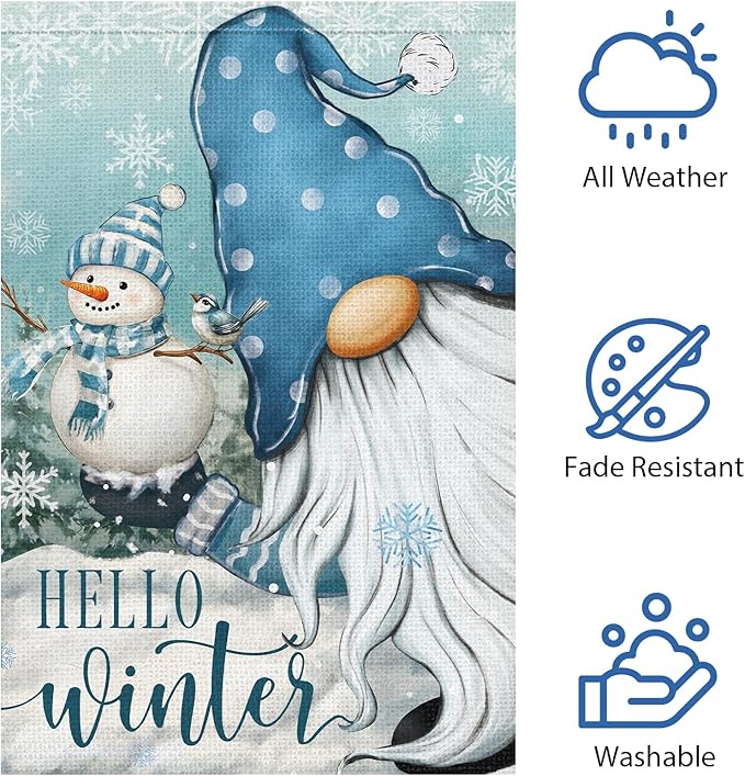 Heyfibro Hello Winter Gnome Garden Flag 12x18 Inch Double Sided Burlap Snowman Snowflakes Yard Banner for Christmas Seasonal Outside Outdoor House Decoration (ONLY FLAG)