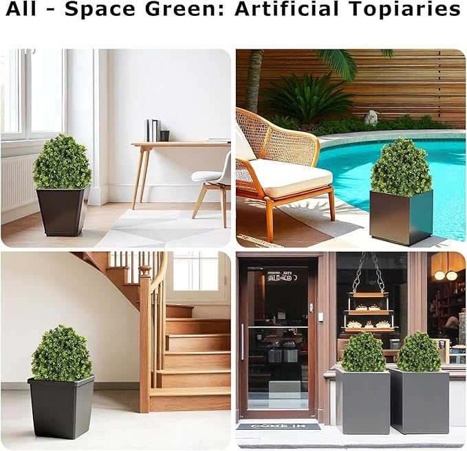 Azoco 27“ Realistic Artificial Boxwood Topiary Trees Set of 2, Faux Boxwood Plants Outdoor UV-Resistant, No Maintenance Curb Appeal Fake Evergreen Bushes & Shrubs for Front Porch Outside Planter Decor
