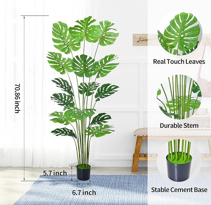 6FT Artificial Tree, Large Fake Monstera Deliciosa Plants with Real Touch Leaves,Faux Tropical Palm Trees for Home Room Decor Indoor Outdoor(1Pack)
