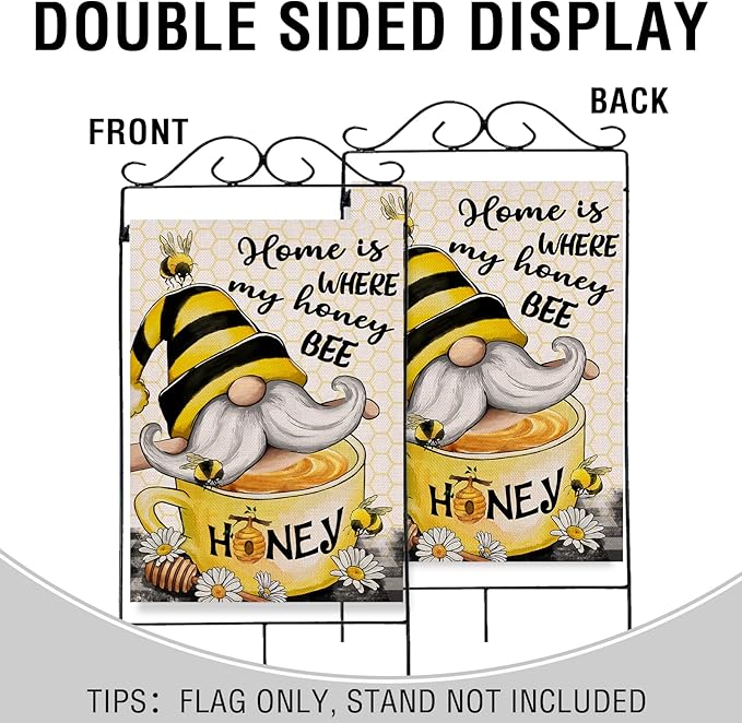 Artofy Home Bumble Bee Gnome Decorative House Flag, Garden Yard Spring Summer Outside Decor, Outdoor Large Burlap Double Sided 28 x 40