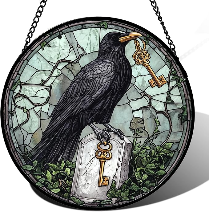 Stained Glass Window Hanging - Halloween Crow Holding A Key Suncatcher for Doors Garden Home Spooky Green Vines Sun Catchers Gothic Decor Horror Gift for Women Men Friend Boy Girl 11.8 in