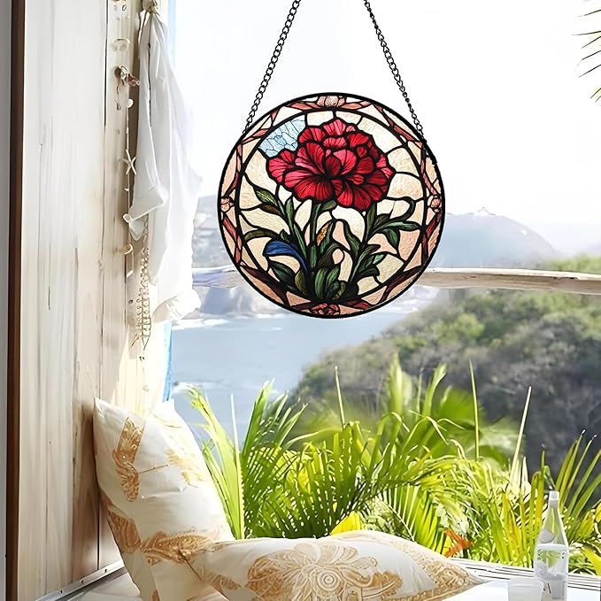 AMDERVEN Stained Glass Window Hanging - Red Carnation Birth Flower Sun Catcher for Door Garden Home Decor Suncatcher Christmas Mother's Day Birthday Gifts for Women Men Mom Nana Friend Wife 6.3 in
