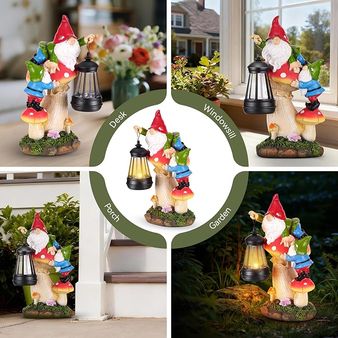 Garden Gnomes Outdoor Statues with Light, Spring Gnomes Decorations for Yard, Solar Garden Gnome Climbing on Mushroom, Lawn Ornaments for Patio, Balcony Housewarming- Unique Women Gifts