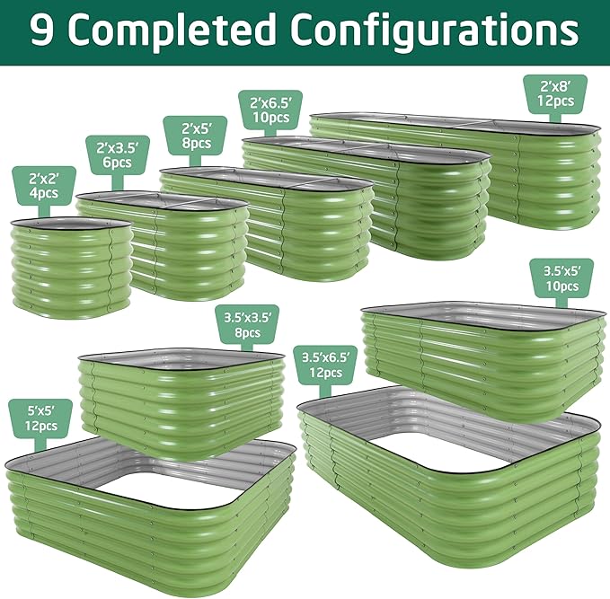 VASGOR 17" Tall Metal Raised Garden Bed, 9-in-1 Modular Design, 8ft x 2ft Aluzinc Planter Box for Vegetables, Herbs & Flowers, Heavy-Duty Anti-Rust Open-Bottom Raised Beds for Gardening (Olive Green)
