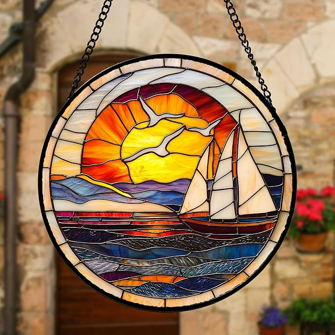 DASTOLL Stained Glass Window Hanging, Sun Ocean Sailboat Seagull Abstract Suncatcher Diamond Glass Panel Sun Catchers Decor for Birthday for Women, Men, Wife, Aunt, and Mom 7.8 in