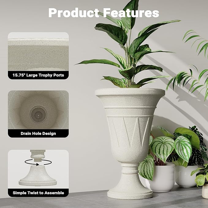 seethmi 23" Tall Planters for Outdoor Plants Set of 2, Planter with Drainage Holes and Trophy Design, Large Outdoor Planters for Porch, Garden, Beige