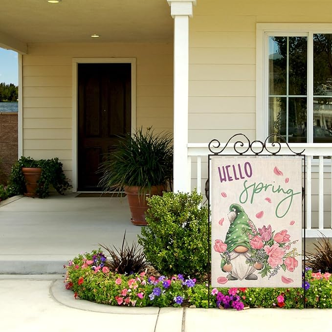 Hello Spring House Flag for Outdoor Gnome with Roses Flowers Yard Flags for Outside,Summer Seasonal Holiday Decorative Flag for Anniversary Wedding Farmhouse Decor 28x40 Inch Double Sided