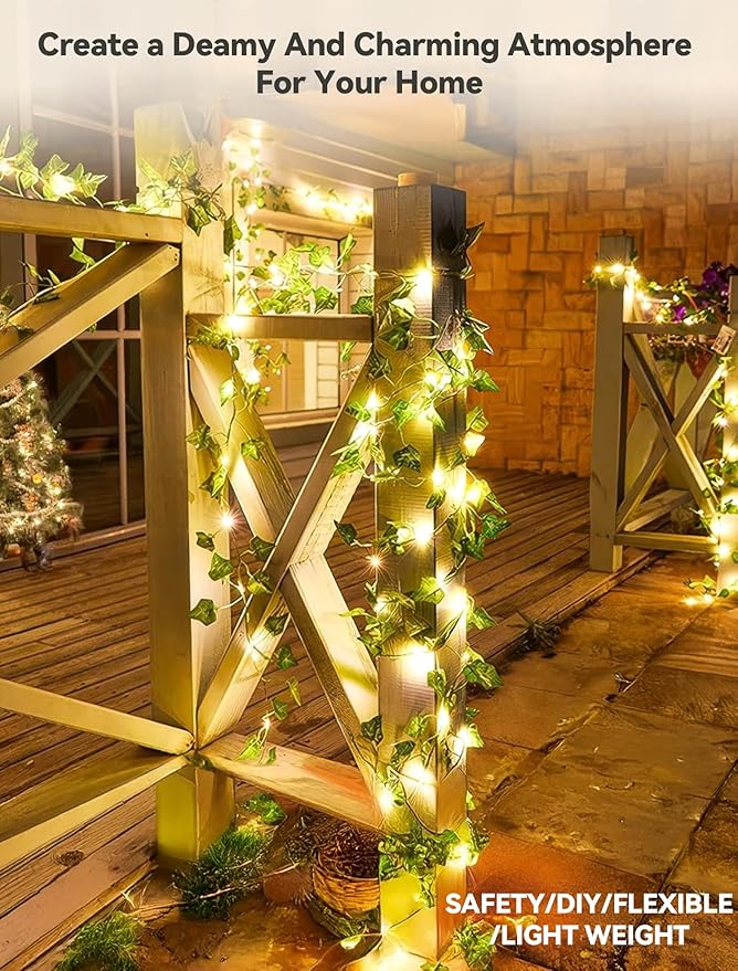 Vines with Fairy Lights,23ft Ivy Twinkle Lights Battery Operated,73 LED Leaf String Lights for Bedroom,Room,Wall,Celling,Curtain,Party,Wedding,Christmas Decor (Warm White)