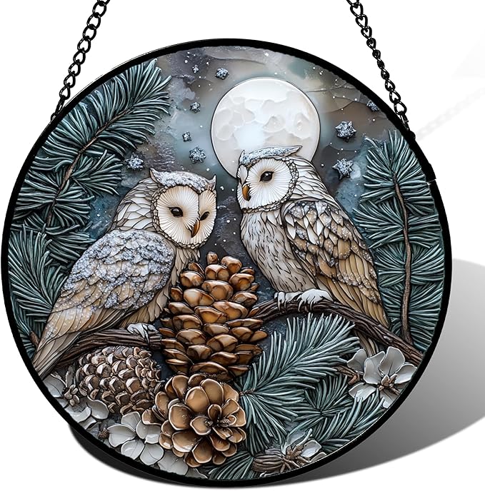 Stained Glass Window Hanging - Owl On A Tree Suncatcher for Doors Garden Patio Winter Scene Sun Catchers Decor Christmas Mother's Day Birthday Gifts for Women Men Mom Nana Friend 7.8 in